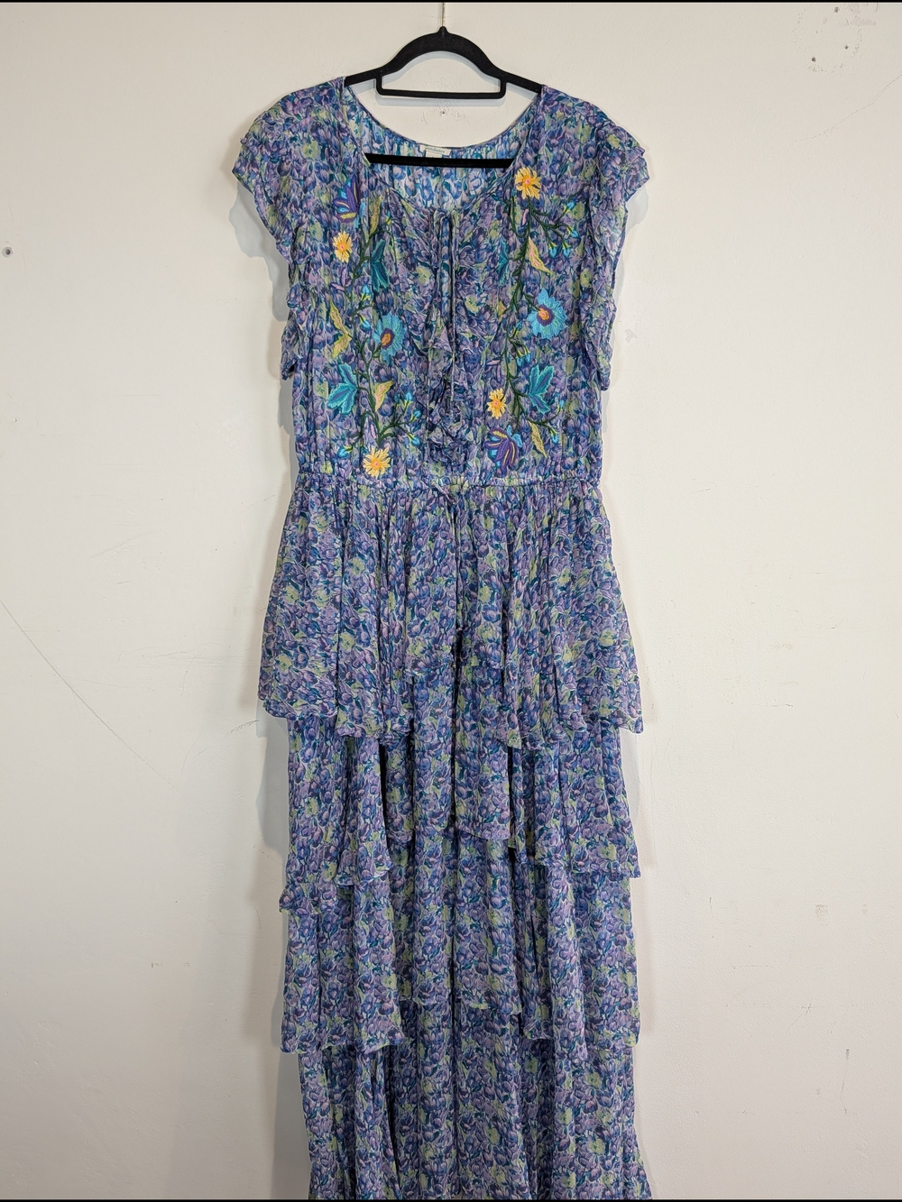 Sundance Floral Tiered Maxi Dress in Lavender Blue, Size Large